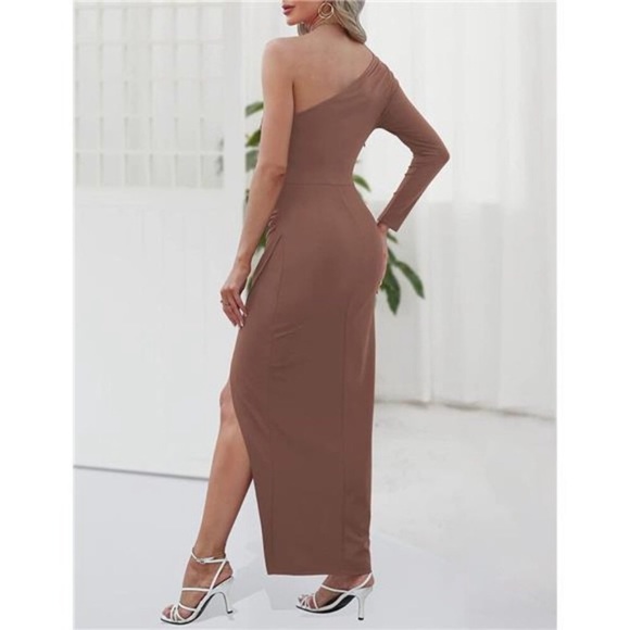 Womens One Shoulder Long Sleeve Cocktail Bodycon Side Slit Maxi Dress Brown NWT - Picture 5 of 6